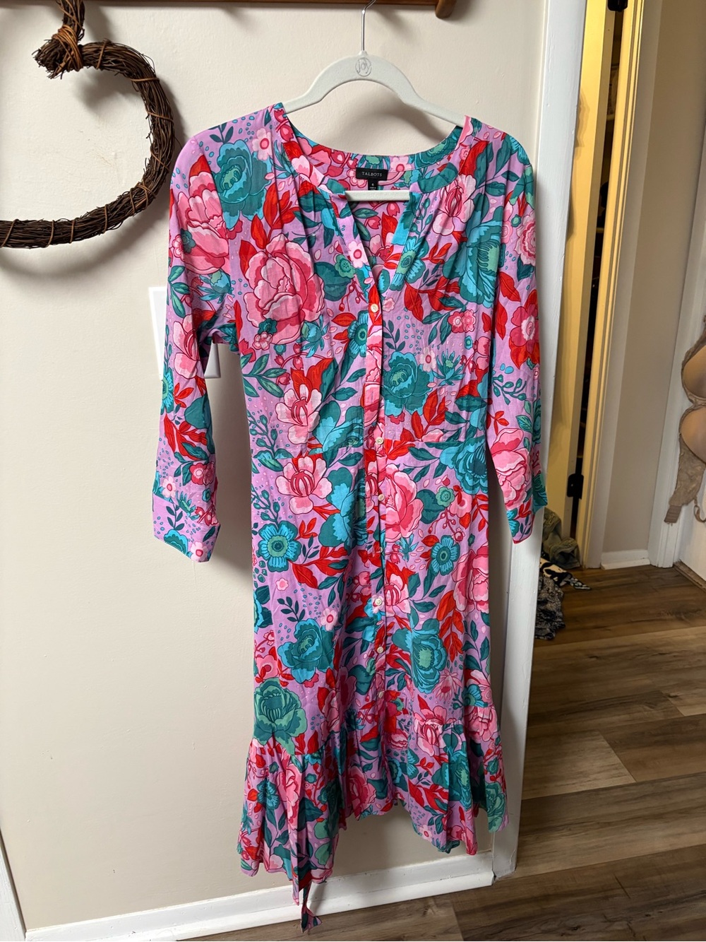 Talbots Pink Floral Button-Front Blouse Dress with Teal Accents